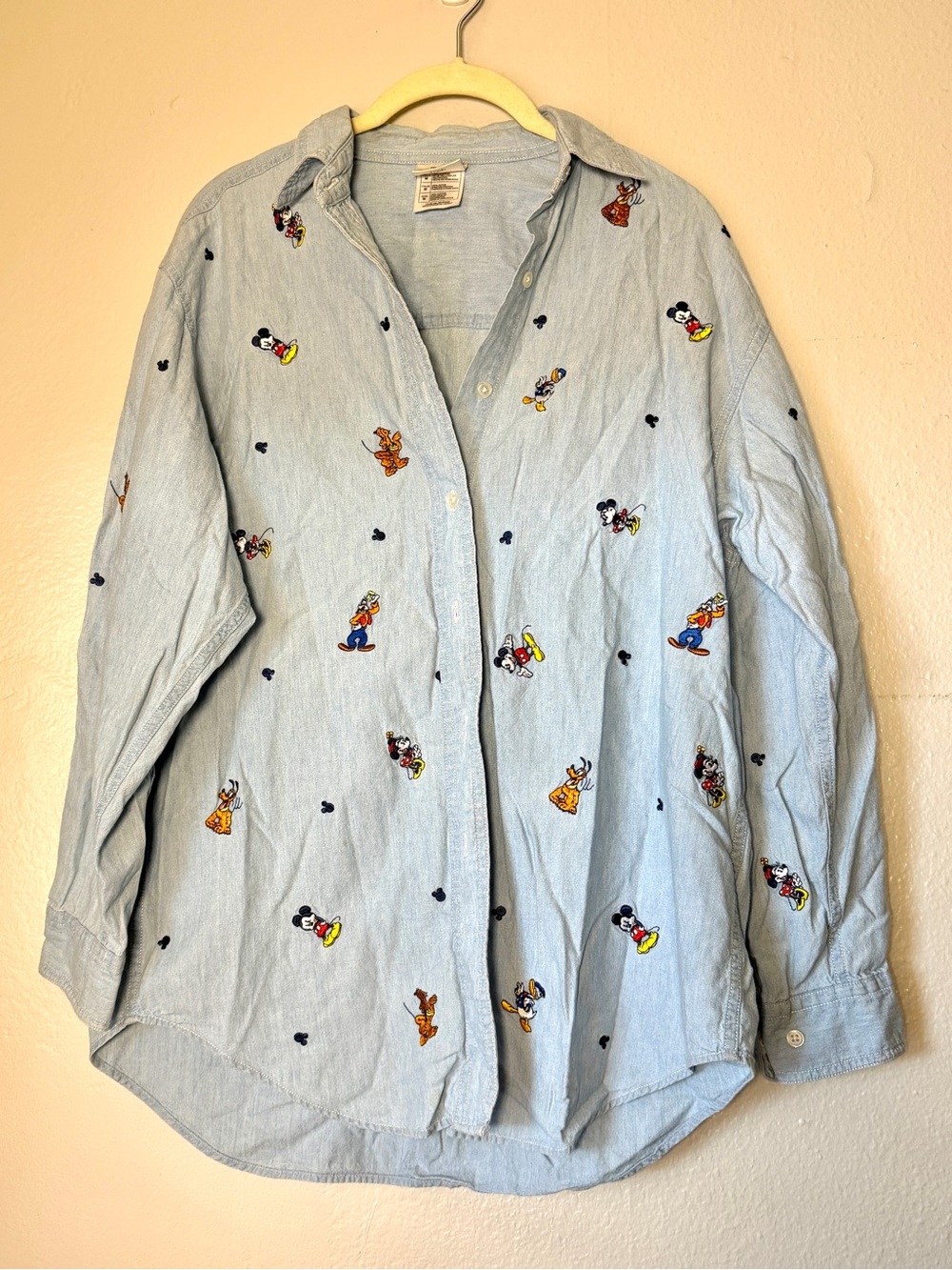 Vintage Disney Light Blue Button-Down Shirt with Embroidered Mickey & Friends